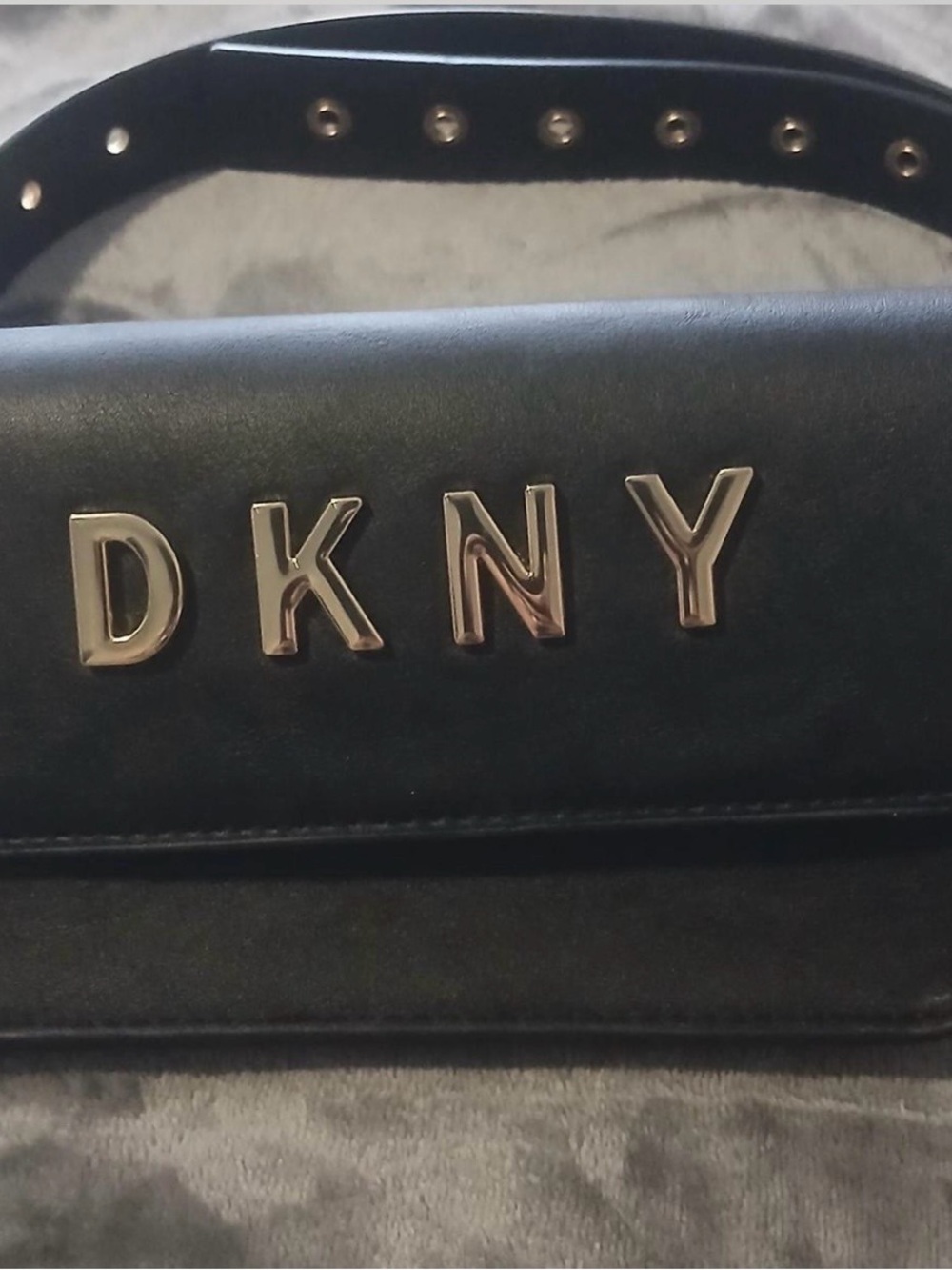 Dkny Black Leather Shoulder Bag with Gold Logo Letters